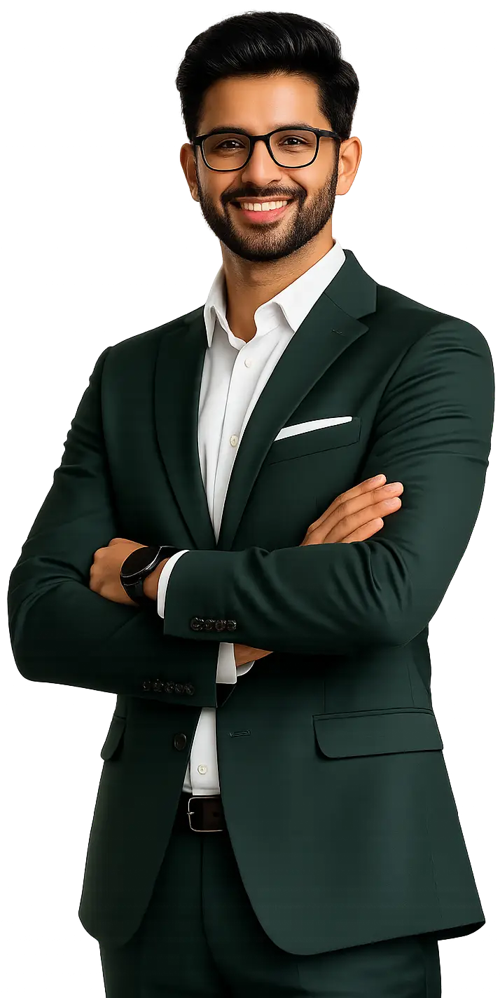 Man in a dark green suit with a white shirt, arms crossed, wearing a black wristwatch, against a black background.